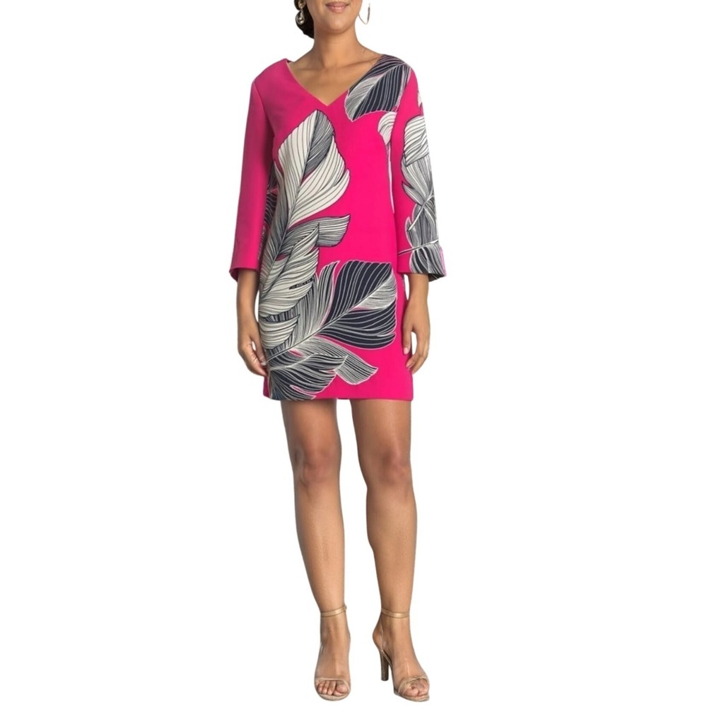 Trina Turk Womens Journey Dress 6 Palm Leaf V-Neck Shift Sheath Tropical Resort
